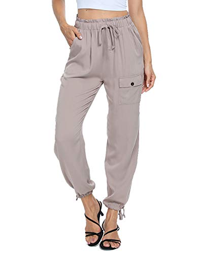 andy & natalie Women\'s Elastic Waist Pants Drawstring Cargo Paper Bag Pockets Ankle Tie Jogger Sweatpants Trouser Khaki