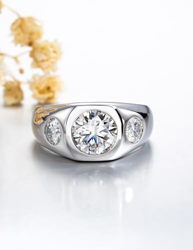 CannyCat 3 CTTW 3-Stone Moissanite Engagement Anniversary Promise Ring, 2 ct Center with 0.5 ct Side Stones, VVS D-color Moissanite, Platinum-Plated Silver Wide Band3