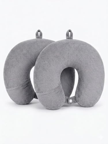 Image of Ultra Soft Travel Neck Pillow with Hanging Loop Snap Button Closure for Home Office and Airplane Flight, Bus, Car, Train Travelling Use [Grey] (Pack of 2)
