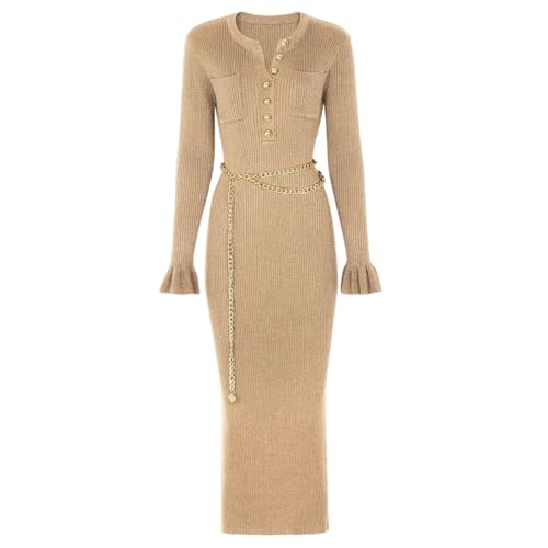 Women's V-Neck A-Line Maxi Dress Long Sleeve Slim Fit with