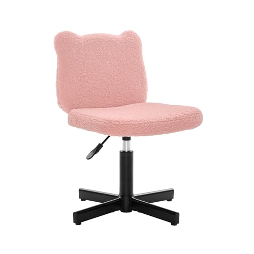 With Girly Bear Ear Wide Back, 360&deg; Swivel Vanity Stool For Makeup Room, Upholstered Teddy Velvet Ottoman For Teen Girls, 350lbs, Pink