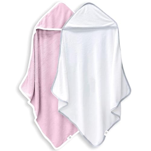 Image of 2 Pack Baby Bath Towel - Rayon Made from Bamboo, Ultra Soft Hooded Towels for Babies,Toddler,Infant - Newborn Essential -Perfect Baby Registry Gifts for Boy Girl - Pink and White
