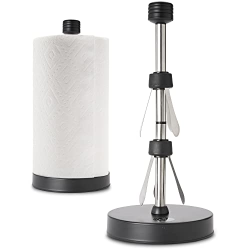 Dear Household Stainless Steel Paper Towel Holder Easy One-Handed Operation - This Sturdy Weighted Paper Towel Dispenser Countertop Model Has Suction Cups and Holds All Paper Towel Rolls - Black