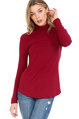SSOULM Women's Long Sleeve Slim Fit Turtleneck Curved Hem Basic Stretchy Pullover Tops