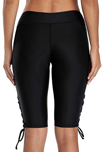 Shorts de natação femininos ATTRACO de cintura alta, calcinha de natação lisa, Black Side Drawstring