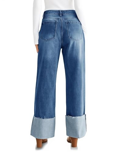 KKSONG Womens High Waisted Baggy Cuffed Jeans Wide Straight Leg Boyfriend Denim Pants with Deep Pockets Dark Blue XS. — view 4
