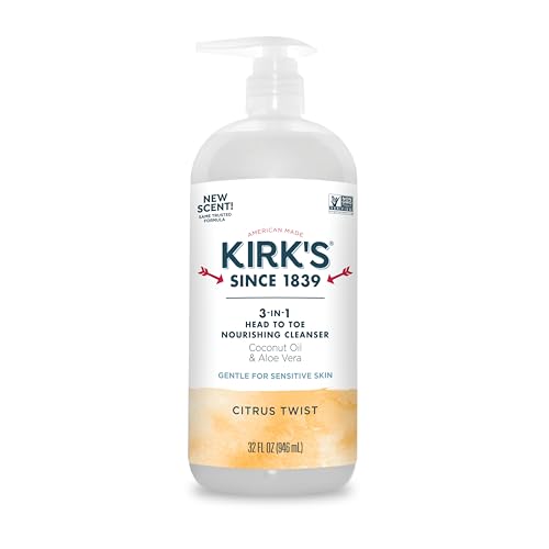 Kirk's 3-in-1 Head to Toe Nourishing Liquid Cleanser- for Men, Women & Children - Premium Coconut Oil & Aloe Vera- Non GMO & Vegan - Citrus Twist - 32 Fl Oz.