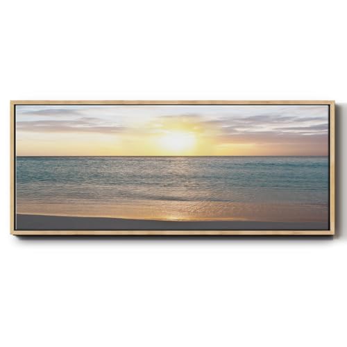 Renditions Gallery Floater Frame Nature Artwork Soft Sunset Reflection on the Shore Abstract Wall Hangings for Farmhouse Kitchen Office Decorations - 20"x50" Natural Frame LT619