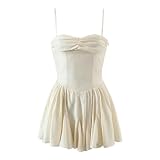 Vestido Ligero de Estilo Maduro con Top de Tubo para Mujer, Falda con Tirantes y Lazo de Cintura Alta Plisada Beige de Verano-Beige-S