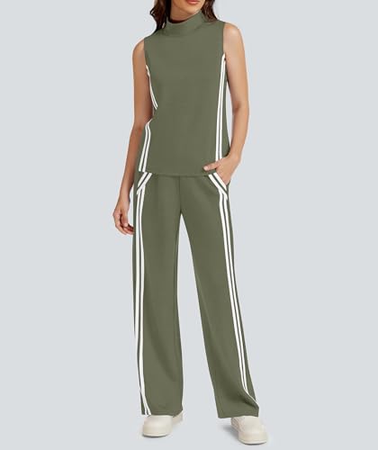 Casly Lamiit Two Piece Outfits for Women Casual Travel Lounge Set Tracksuit Mock Neck Tank Top Wide Leg Pants Airport Clothes Activewear Olive Green XL — view 3