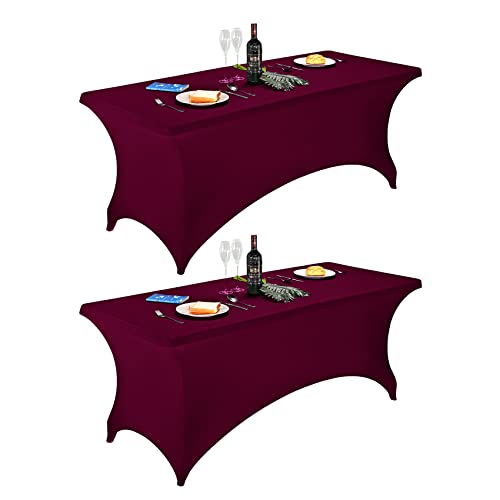 Image of FORLIFE 2Pack Spandex Table Covers,Fitted Tablecloth for Rectangular Tables, Stretch Patio Table Covers, Universal Spandex Table Cover for Wedding, Banquet, Party (6ft, Burgundy)