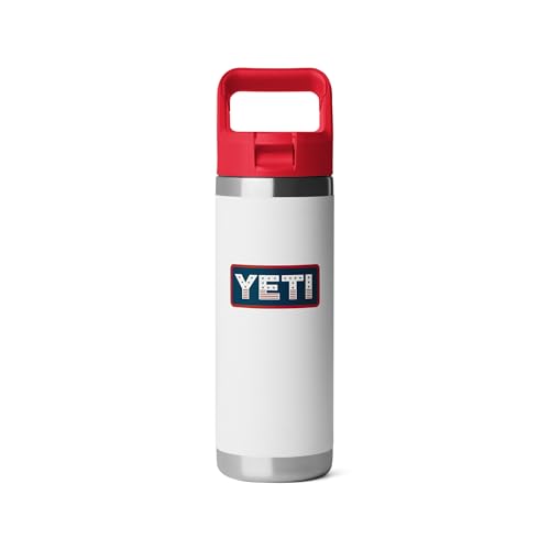 Image of YETI Rambler 18 oz Bottle, Vacuum Insulated, Stainless Steel with Color Matching Straw Cap, White /Rescue Red /Badge