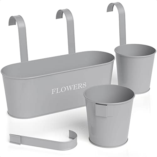 Barnyard Designs Metal Wall Planter, Indoor Outdoor Hanging Plant Pot Decor, Rustic Herb Flower Plant Holder, Cool Grey, Large: 11.25" X 4.25" X 3.75", Small: 4.30" X 4", Set Of 3 #TOP4