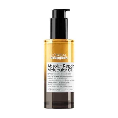L’Oréal Professionnel Aceite Bifásico Reparador, 100 Horas de Brillo, Antifrizz, Protector Térmico, protector solar cabello, Sin Aclarado, para Cabello Dañado, Absolut Repair Molecular, 90ml