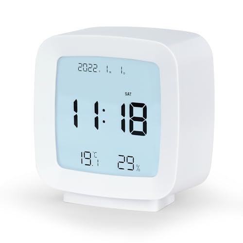 Lafocuse LCD Reloj Despertador Digital por Pilas, Despertador Portátil con Temperatura, Fecha, Alarma, Snooze, Retroiluminación, Reloj Mesita de Noche para Viaje Dormitorio, Blanco