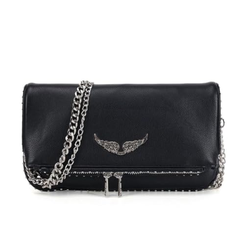 ALWY Bolsa Clutch Zadig & Inspired Transversal Alça Corrente Prata Rock Chic Moda Casual Versátil (Preto)