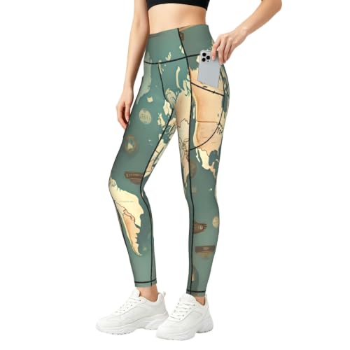 Pantalones de yoga con mapa mundi retro mallas opacas con bolsillos