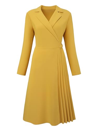 Image of Hobemty Women's Wrap Dress A-Line Pleated Midi Long Sleeve Dresses