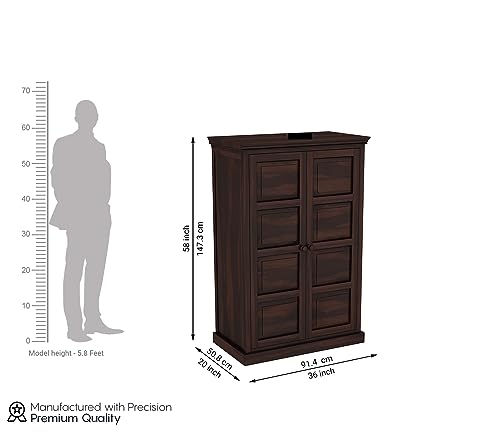 Image of Sheesham Wood Wooden 2 Door Wardrobe Organizer for Clothes | - Solid Wood Almirah with 2 Shelves - with Hanging Space Cupboard for Large Bedroom (Design 19)