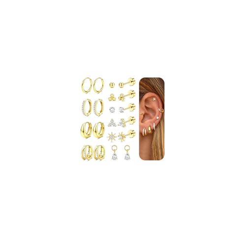 MILACOLATO 10 Pairs Boucles d'Oreilles Femme Acier Inoxydable Or Hypoallergéniques Boucle d'Oreille Piercing Helix Tragus Conch Creoles Plaqué Or 14K...