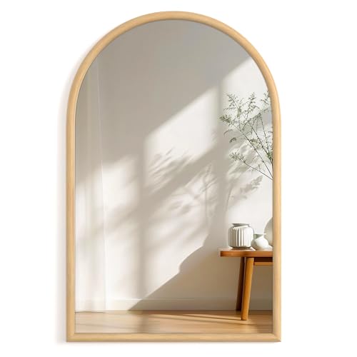 Image of 24 inchx36 inch Arch Wall Mirror for Wall, Wall Mounted Vanity Mirror for Bedroom, Wood Grain Finish Frame Mirror with Tempered Glass, Vintage Decorative for Bathroom, Entryway, Living Room, Natural