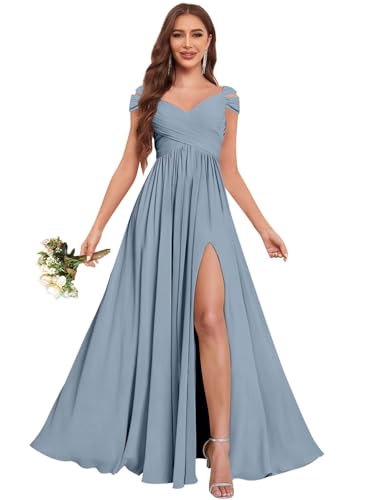 Off The Shoulder Bridesmaid Dresses for Women Pleated Long Split Chiffon Formal Gowns with Pockets4