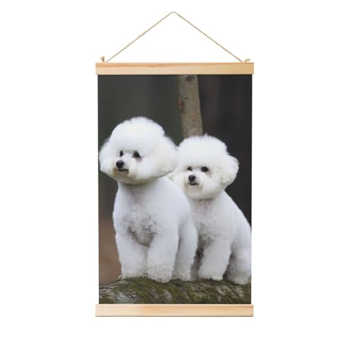 Poster Bichon Frisé avec cintre en bois vintage pour décoration 50x75 cm