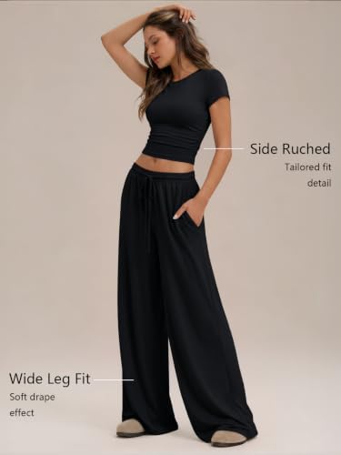 Image of Trendy Queen 2 Piece Matching Summer Lounge Set Womens Side Ruching Top Wide Leg Pants Sets with Pockets