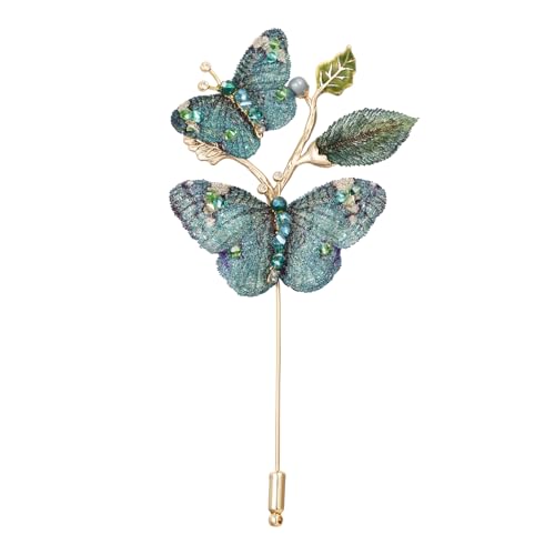 Image of Handmade Embroidery Flower Brooch Pins for Women, SHE'S FREE STYLE JUST FOR YOU Luxury Gradient Stitching Floral Brooch Pins with Crystal stamen, Enamel Metal Butterfly with Green Leaves, Hand Dripping Oil Jewelry pins