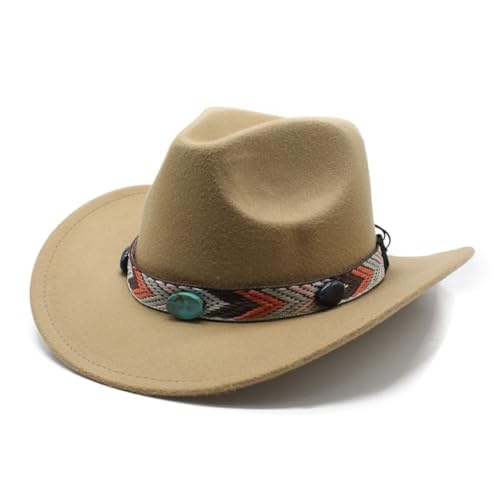 Western Wool Felt Fedora Hat, Wide Brim Cowboy Style, Tan