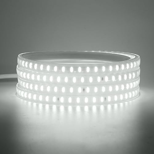 KAFULA - 220V Flexible LED Strip Light with On/Off [27m, White Light 6000-6500K], SMD2835 IP65 Waterproof LED Fairy Lights, 120 LEDs/M Cuttable LED Rope Light CRI85+, Home/Store Decoration