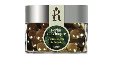 Perlas de Vinagre Pementos de Padrón 60grs. Esferificaciones de nuestro vinagre Albarro con pimiento de Padrón. Intensa y persistente explosión en boca. Vinagres Gourmet. Perlas de vinagre artesanal.