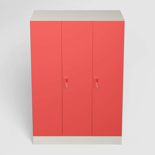 Image of Interio by Godrej Almirah Slimline 3-Door Steel Almirah, Cupboard for Clothes (Alpine White and Hot Coral Matte), 1-Year Warranty, 7 Shelves, 1 Locker