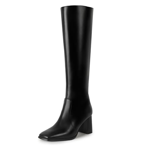 IDIFU Black Boots for Women Knee High Square Toe GoGo Chunky High Heeled Tall Long Fall Boot with Side Zipper Dress Comfortable Fashion Pull On Small Thick Heel Boots (New Black Pu, 6)