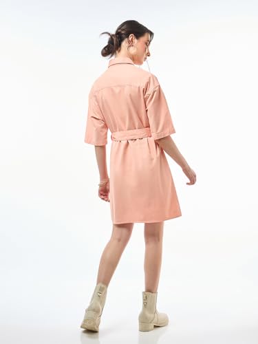 Image of Bewakoof Women's Solid Oversized Fit Half Sleeve Collared Cotton Blend Above The Knee Shirt Dress