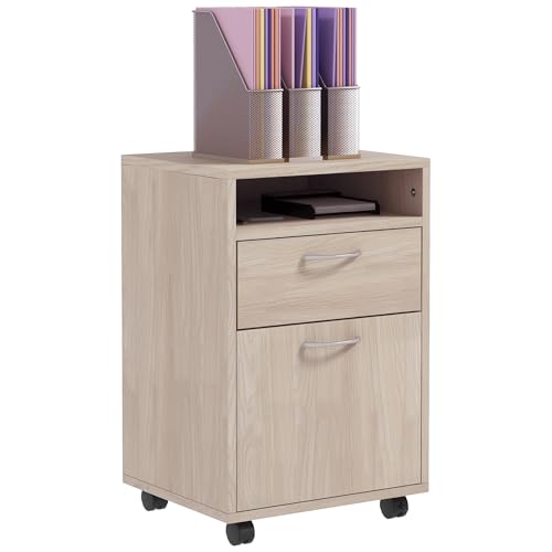 HOMCOM Caisson de bureau rangement bureau sur roulettes tiroir placard niche panneaux particules chêne