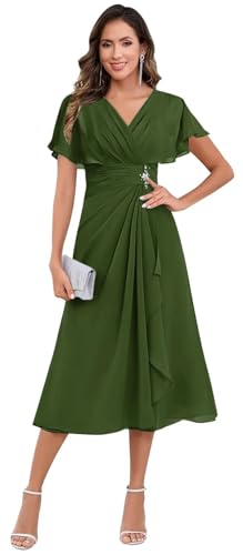 Tea Length Mother of The Bride Dresses for Women Chiffon Beaded Formal Wedding Guest Dress with Sleeves