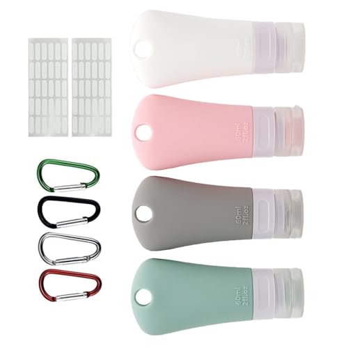 4 Pcs 60ml Leakproof Silicone Travel Bottle Portable Travel Containers Set Refillable Squeezable Container with 4 Hook Carabiner for Travel Toiletries
