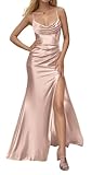 KURFACE Spaghetti Strap Cowl Neck Satin Bridesmaid Dresses for Women Mermaid Prom Dress Rose Gold Formal Gown UK8