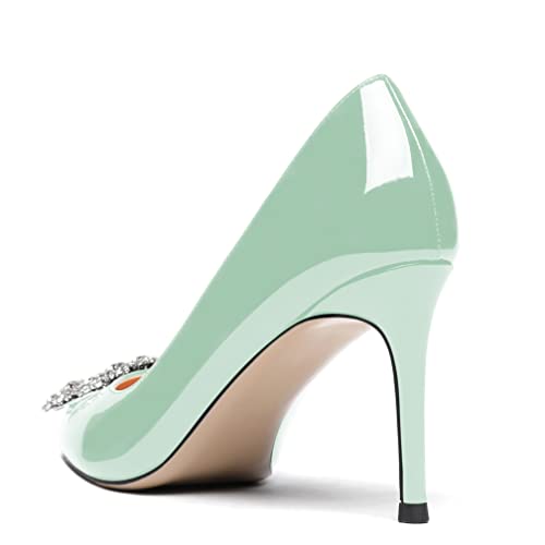 WAYDERNS Women's Patent Slip On Crystal Buckle Pointed Toe Crystal Rhinestone Stiletto High Heel Pumps Shoes 3.5 Inch 7