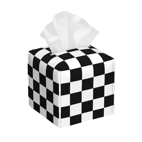 Black and White Checkerboard Tissue Box Cover Square,Square Grid Checkered Tissue Box Holder Waterproof Leather Facial Paper Organizer Dispenser for Bathroom Home Car Nightstand Vanity Desk