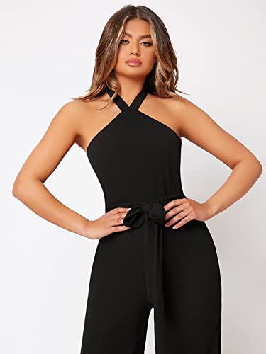 Wdirara Women's Sleeveless Halter Tied Backless High Waist Belted Wide Leg Pants Elegant Jumpsuit Rompers Black L #TOP2