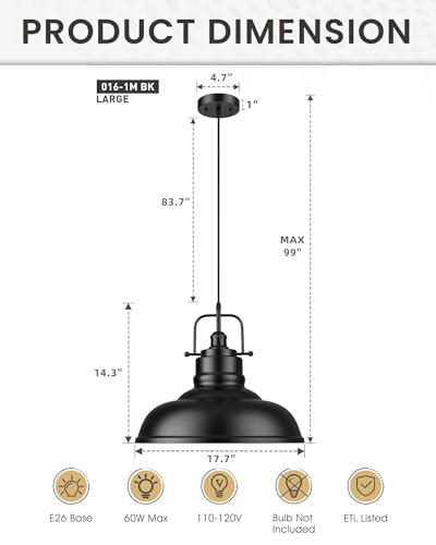 Image of zeyu Black Pendant Lighting, 2 Pack Hanging Kitchen Lights, 1-Light Pendant Light with Metal Dome Shade, Matte Black Finish, 016-1M-2PK BK