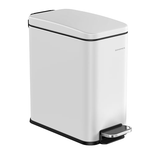 SONGMICS Cubo de Baño, Papelera Baño, Cubo Basura Pequeño de 5 L con Tapa, Cubo de Inodoro con Pedal, Delgada para Espacios Pequeños, Acero, Cierre Suave, Blanco LTB560W05