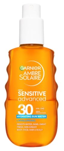 Garnier Ambre Solaire Sensitive Advanced Hydrating Sun Water SPF30 Triple Resistant To Water Sweat & Sand With Hyaluronic Acid & Vitamin E Lightweight Invisible Finish For Face Body & Hair