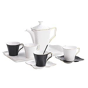 Porcelain Ceramic Coffee Tea Gift Sets, Cups and Saucer Service for 4, Tea Sets with Black Teapot, Tea Cups,B (A)