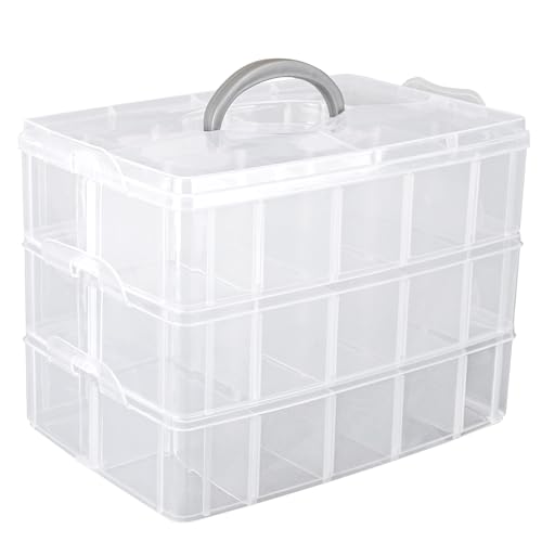 Image of 3-Tier Stackable Storage Container Box, Clear Adjustable Empty Plastic Nail Art Organizer Box with Handle & Lids, Fake Nail Organizers with 30 Compartment for Crafts, Art Supply Tool Accessory