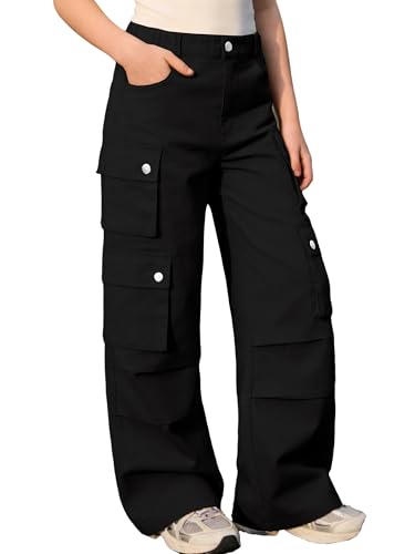 Image of SANGTREE Girls High Waist Casual Y2k Wide Leg Cargo Pants, 4-14 Years