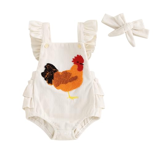 Image of Tsnbre Newborn Baby Boy Girl Summer Outfits Corduroy Romper Farm Chicken Baby Overalls 0 3 6 9 12 Months Infant Clothes (Chicken Embroidery Beige C with headband, 3-6 Months)