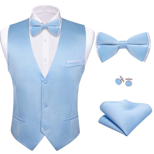 Image of Barry.Wang Mens Suit Vest Bow Tie Set 4PCS Formal V-neck Slim Fit Casual Solid Color Waistcoat Wedding Party Tuxedo